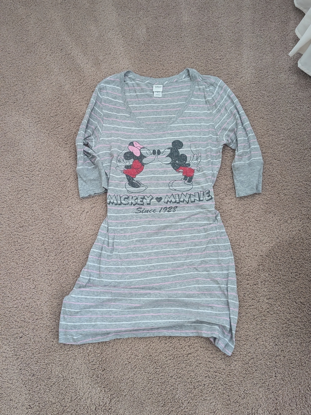 Disney Grey Striped Mickey & Minnie Sleep Shirt with Pink and Red Accents
